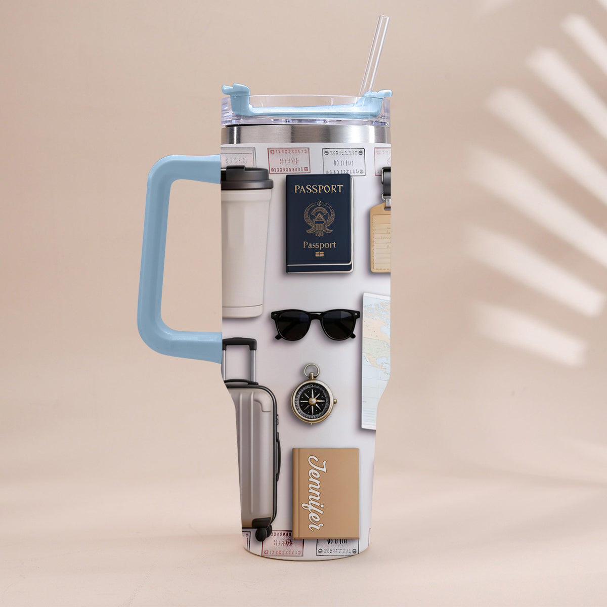 Gobelet isotherme de voyage personnalisé avec poignée « J’adore voyager »