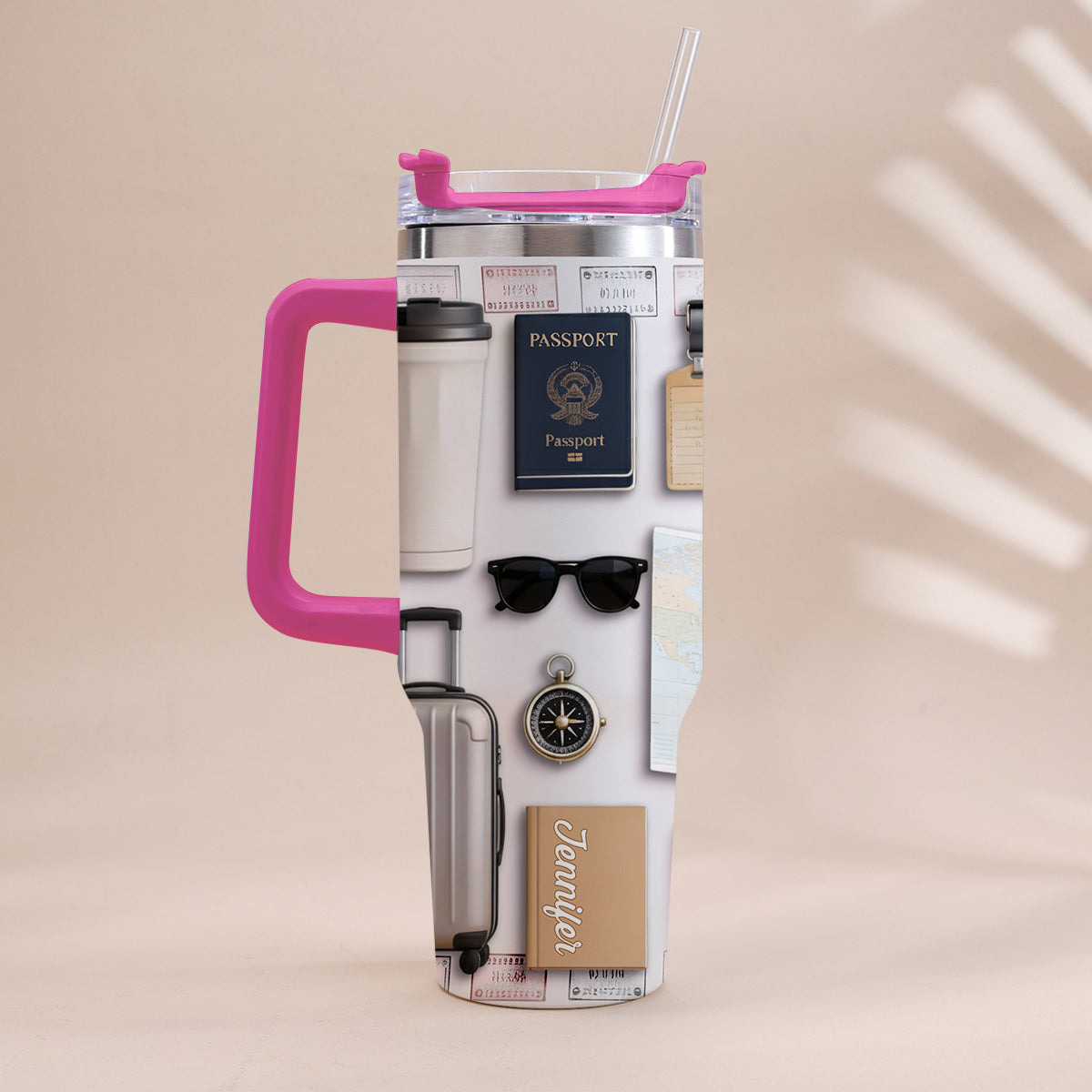 Gobelet isotherme de voyage personnalisé avec poignée « J’adore voyager »