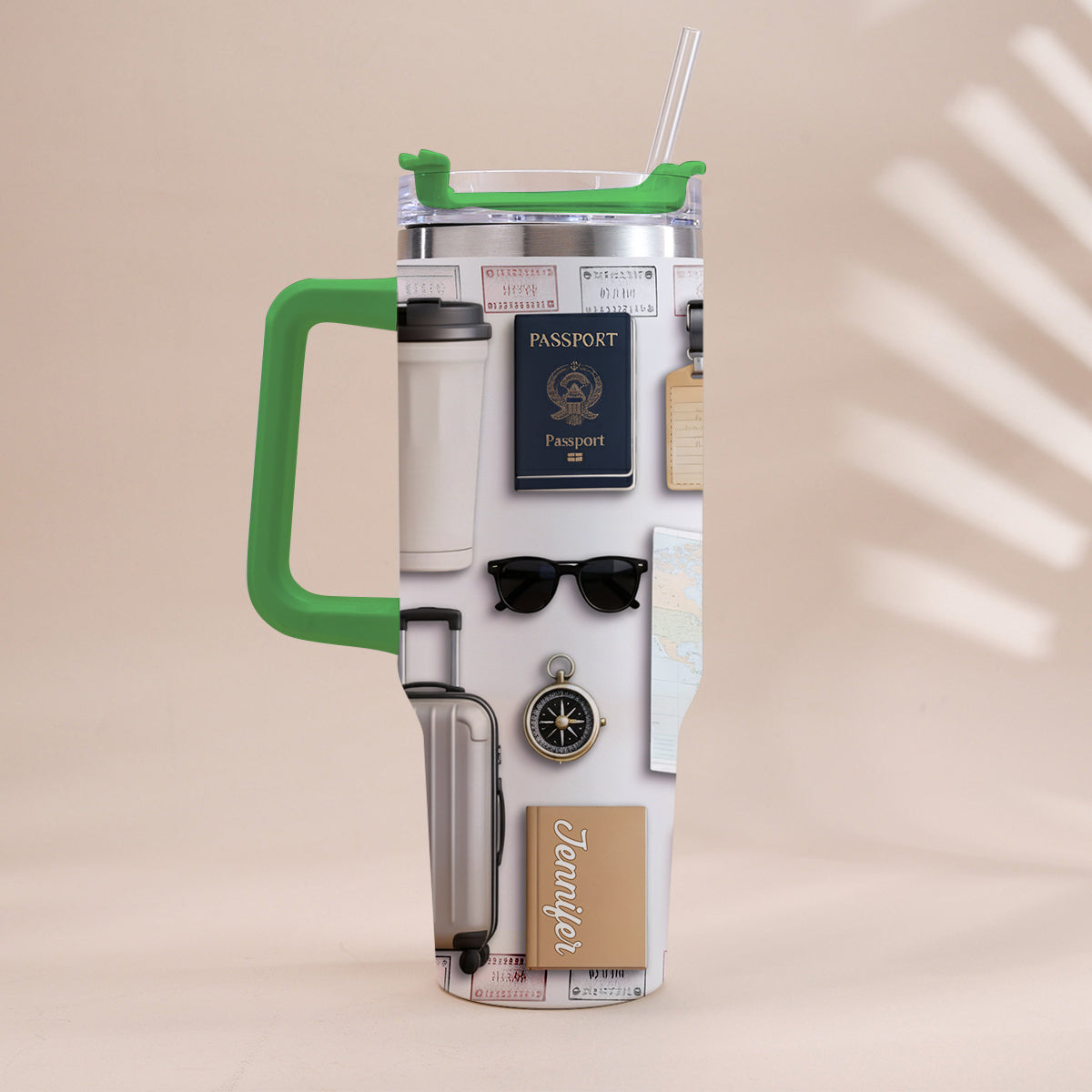 Gobelet isotherme de voyage personnalisé avec poignée « J’adore voyager »