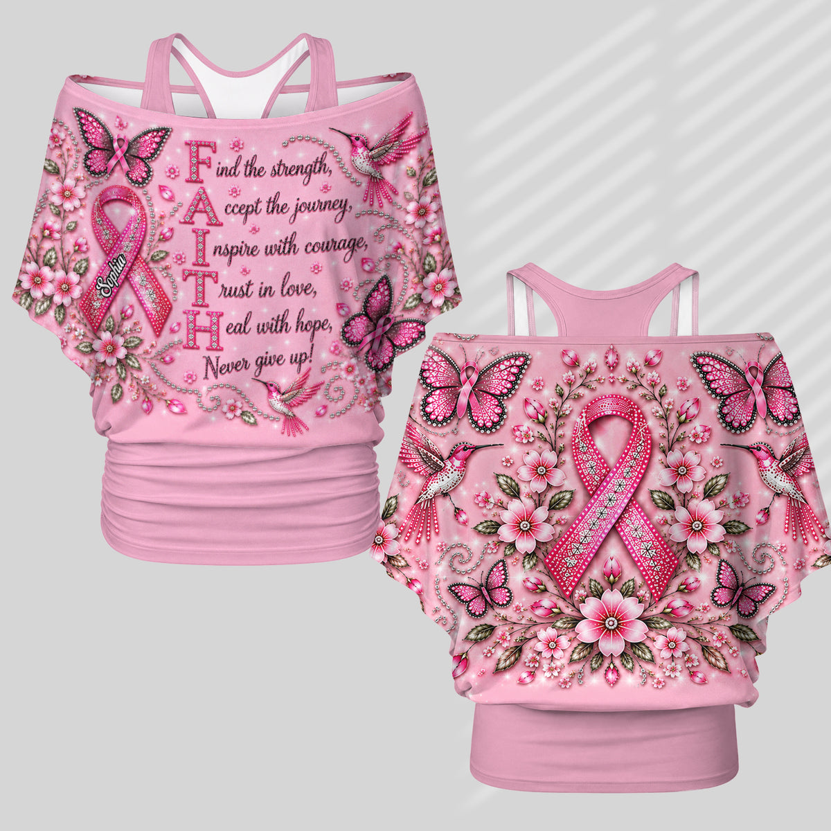 Breast Cancer Awareness - Personalized Breast Cancer Awareness Off-Shoulder Top Set