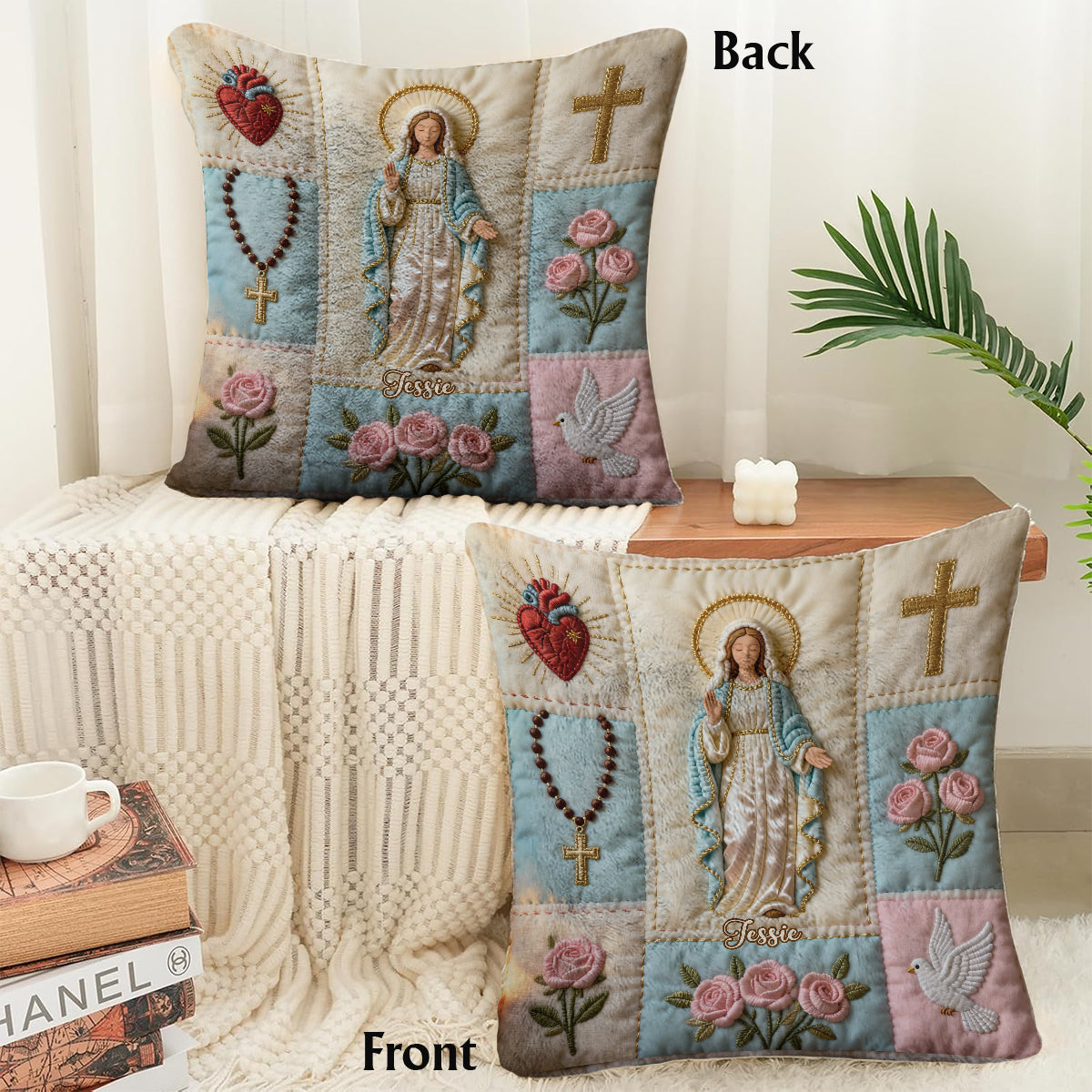 Unsere Liebe Frau – Personalisiertes christliches quadratisches Kissen aus Kunstfell