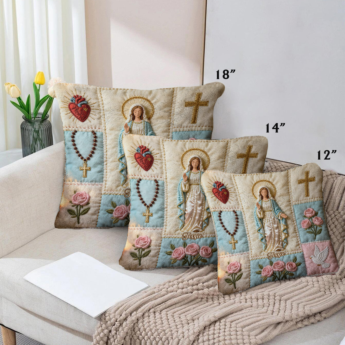 Unsere Liebe Frau – Personalisiertes christliches quadratisches Kissen aus Kunstfell