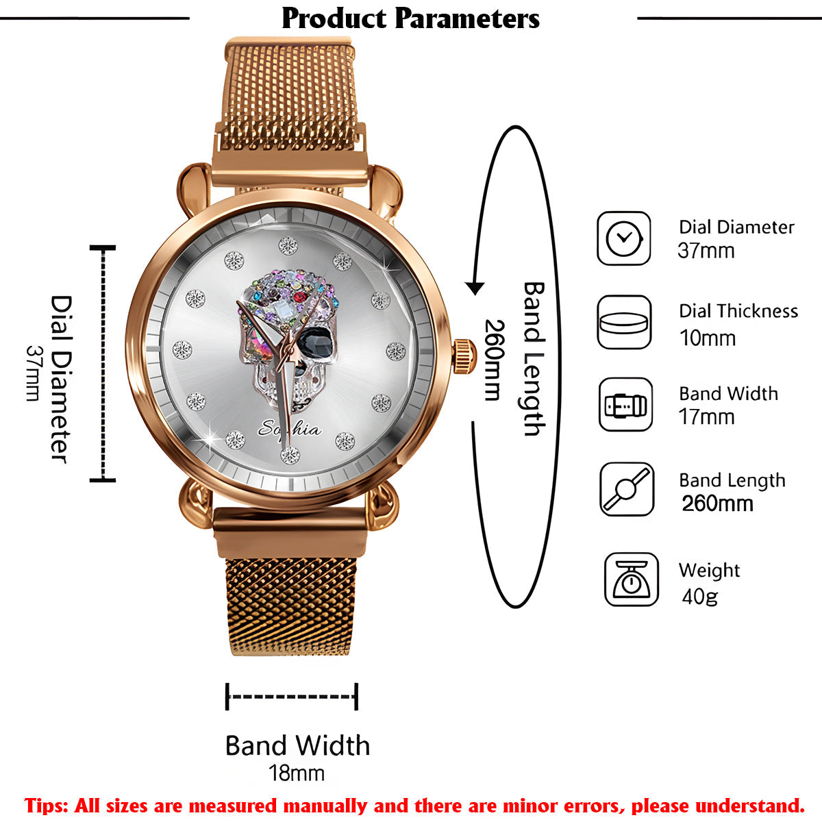 Shiny Skull Luxe – Personalisierte Totenkopf-Damenhanduhr 