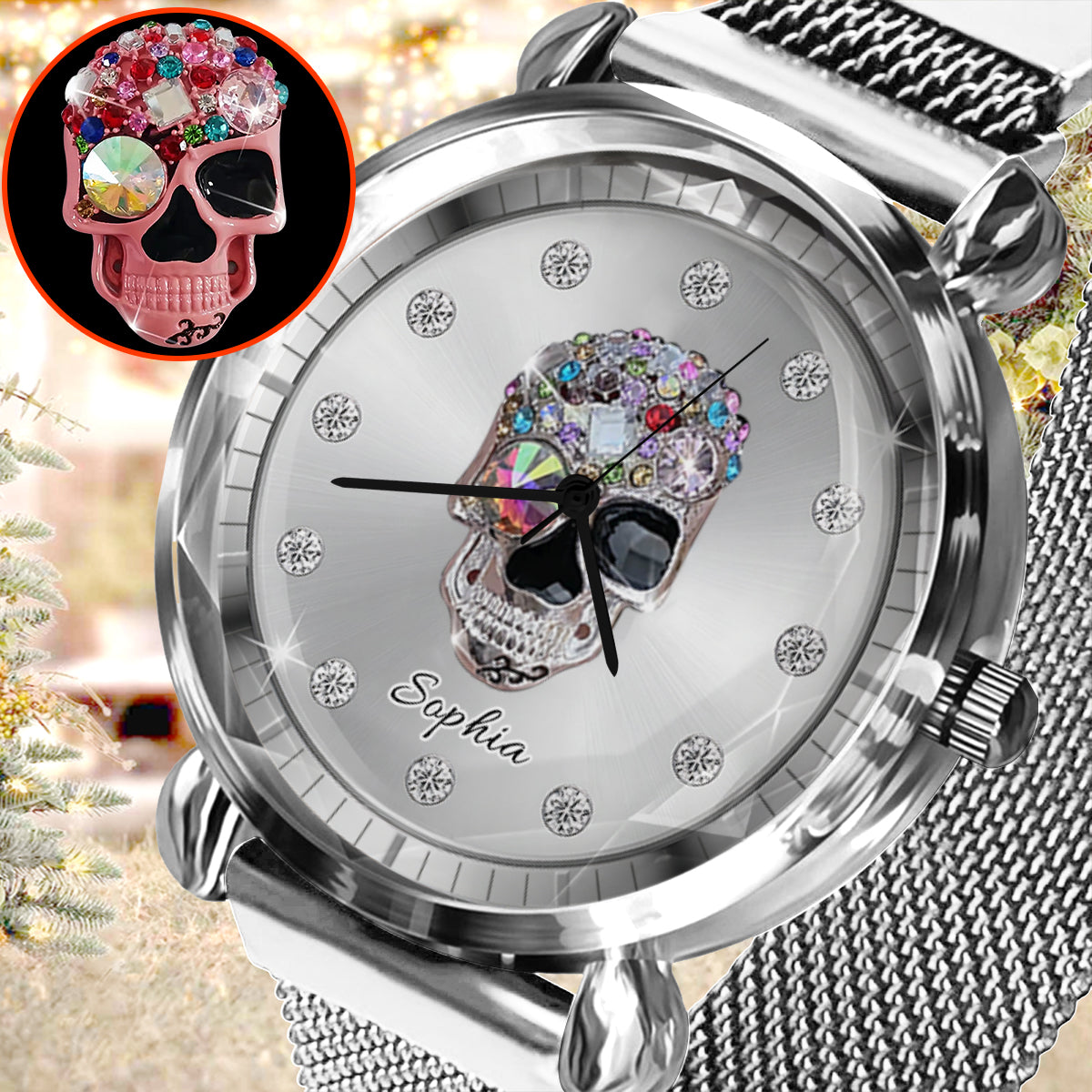 Shiny Skull Luxe – Personalisierte Totenkopf-Damenhanduhr 
