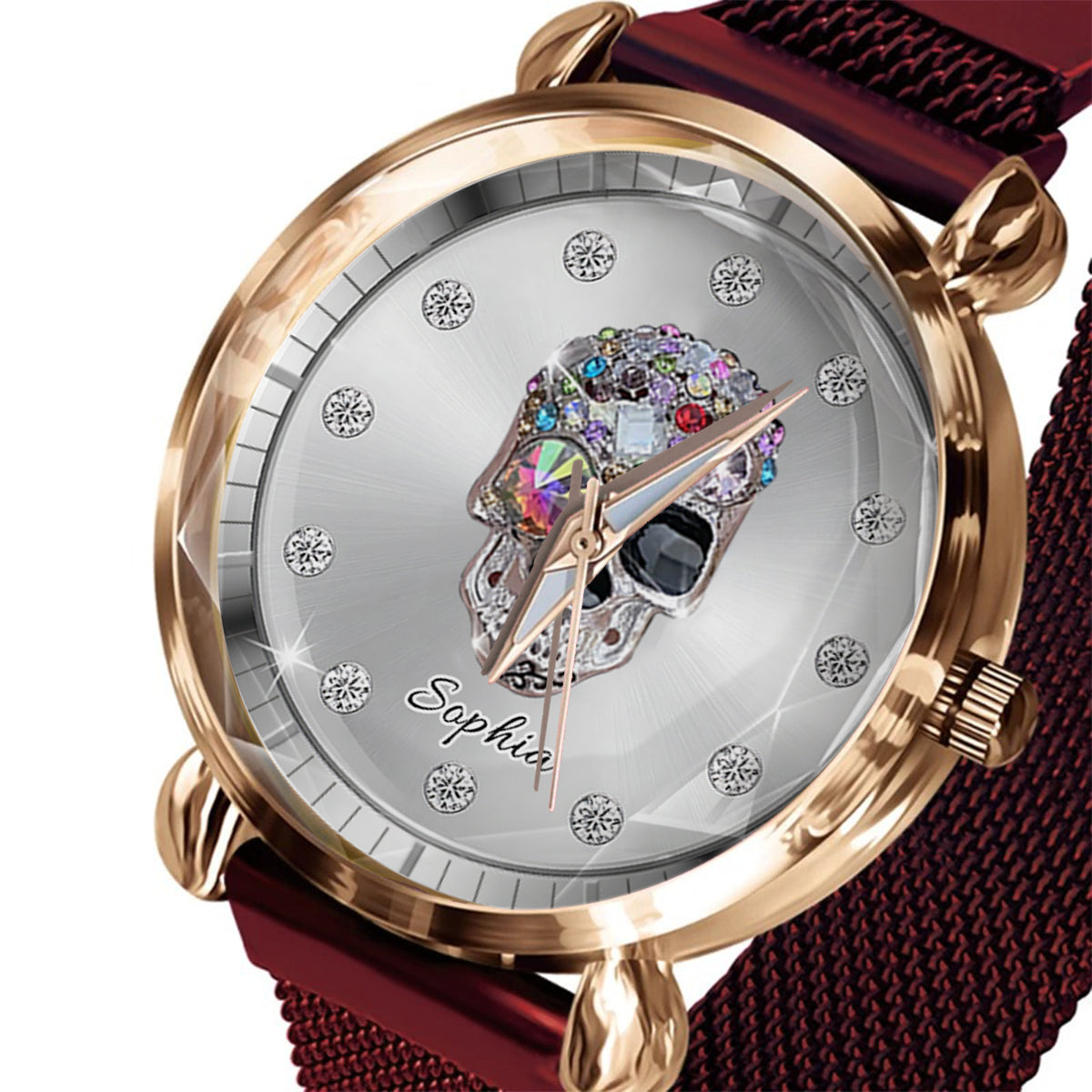 Shiny Skull Luxe – Personalisierte Totenkopf-Damenhanduhr 