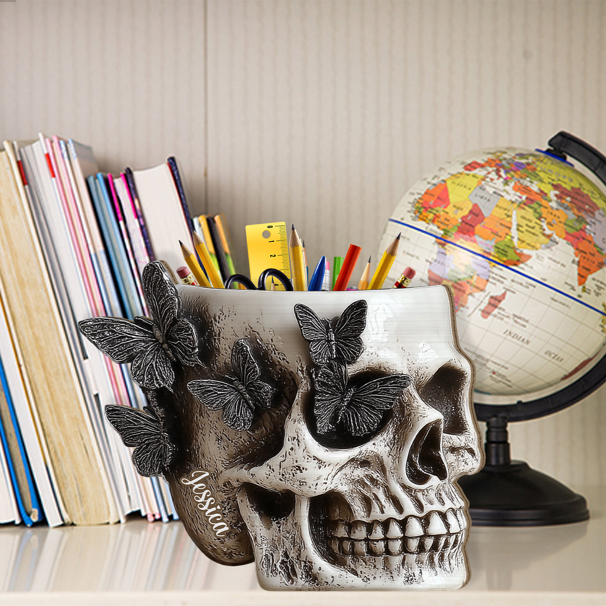 Porte-stylo en bois personnalisé en forme de crâne papillon - Porte-stylo en bois en forme de crâne personnalisé