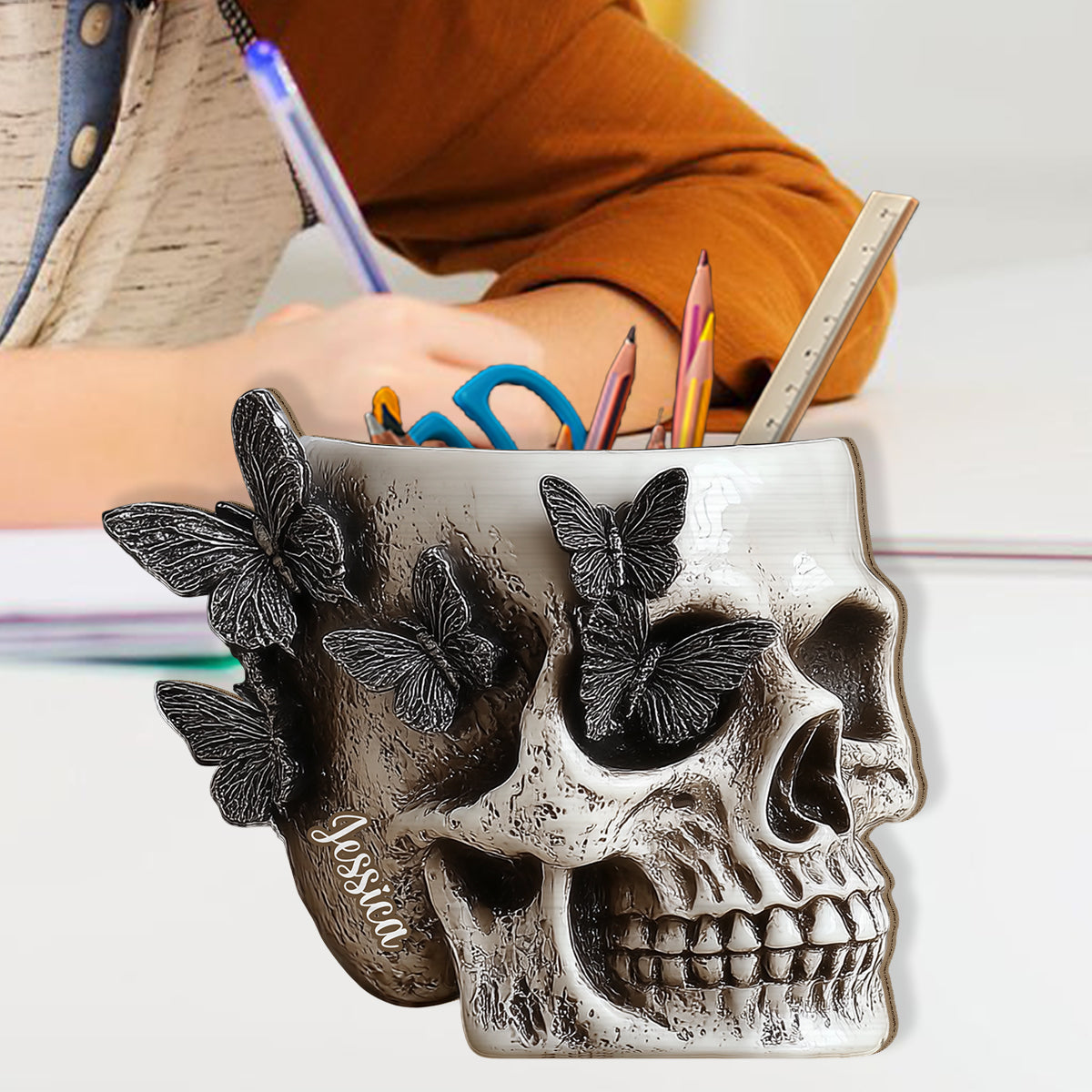 Porte-stylo en bois personnalisé en forme de crâne papillon - Porte-stylo en bois en forme de crâne personnalisé