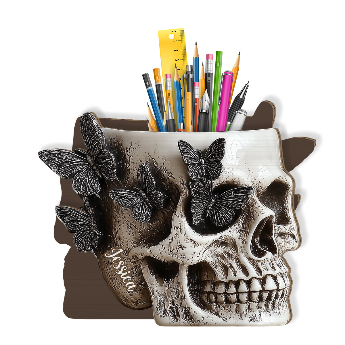 Porte-stylo en bois personnalisé en forme de crâne papillon - Porte-stylo en bois en forme de crâne personnalisé