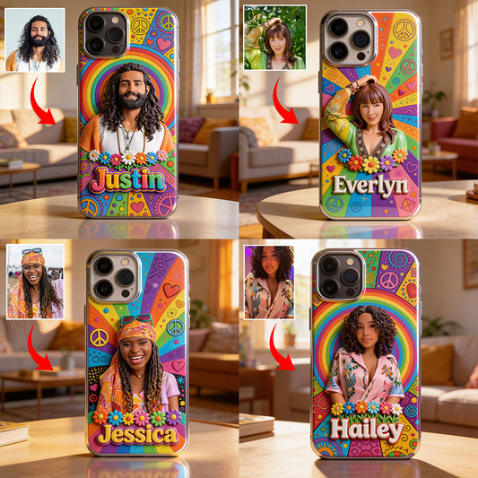 Hippie Theme, Custom From Any Image - Personalized Hippie 3D Embossed Leather Phone Case