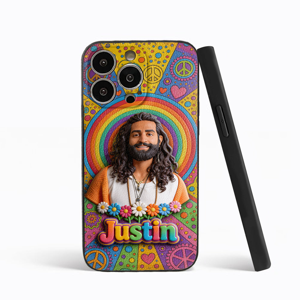 Hippie Theme, Custom From Any Image - Personalized Hippie 3D Embossed Leather Phone Case