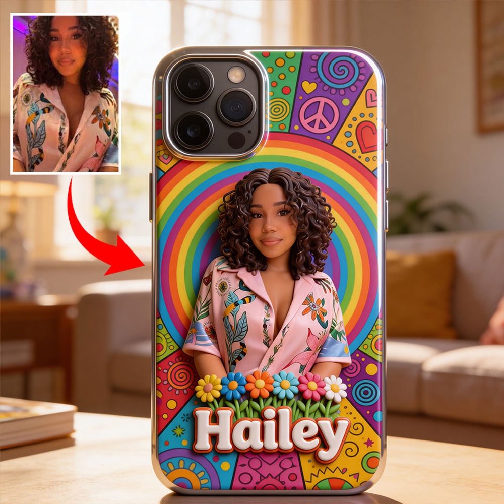 Hippie Theme, Custom From Any Image - Personalized Hippie 3D Embossed Leather Phone Case