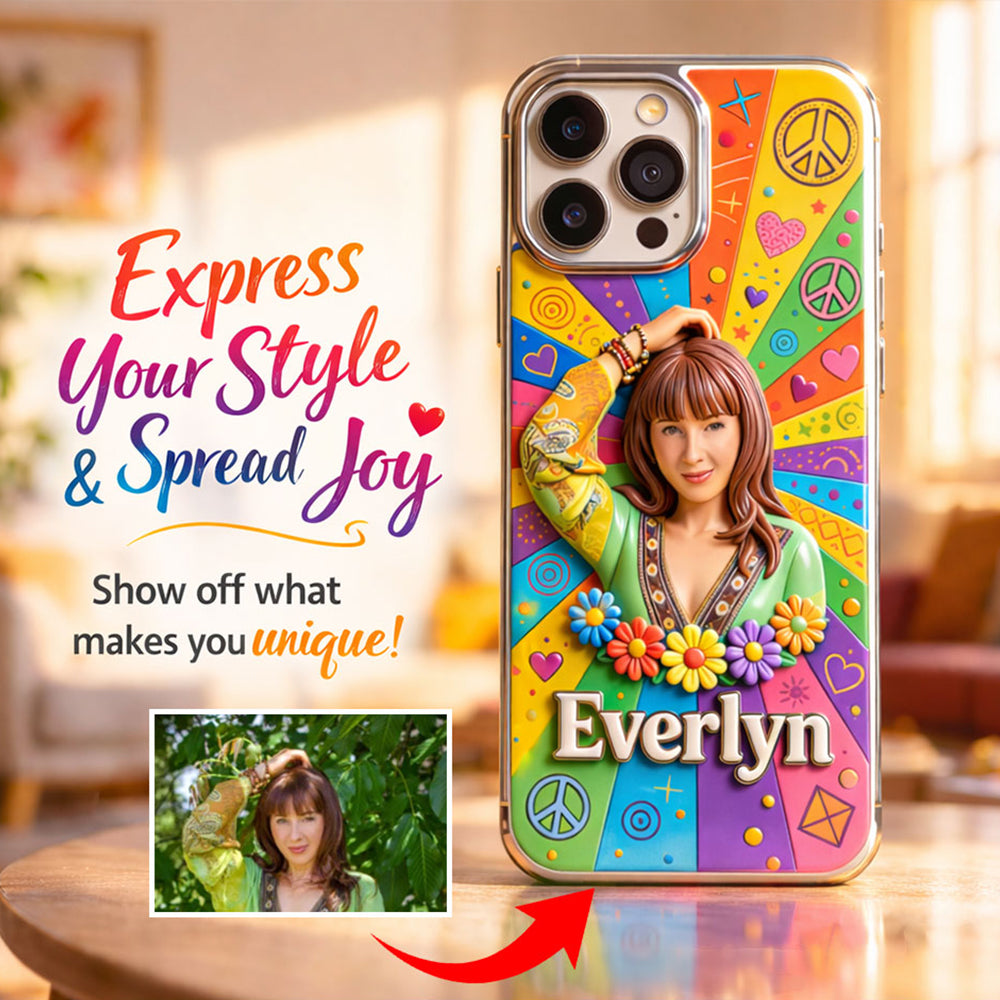 Hippie Theme, Custom From Any Image - Personalized Hippie 3D Embossed Leather Phone Case