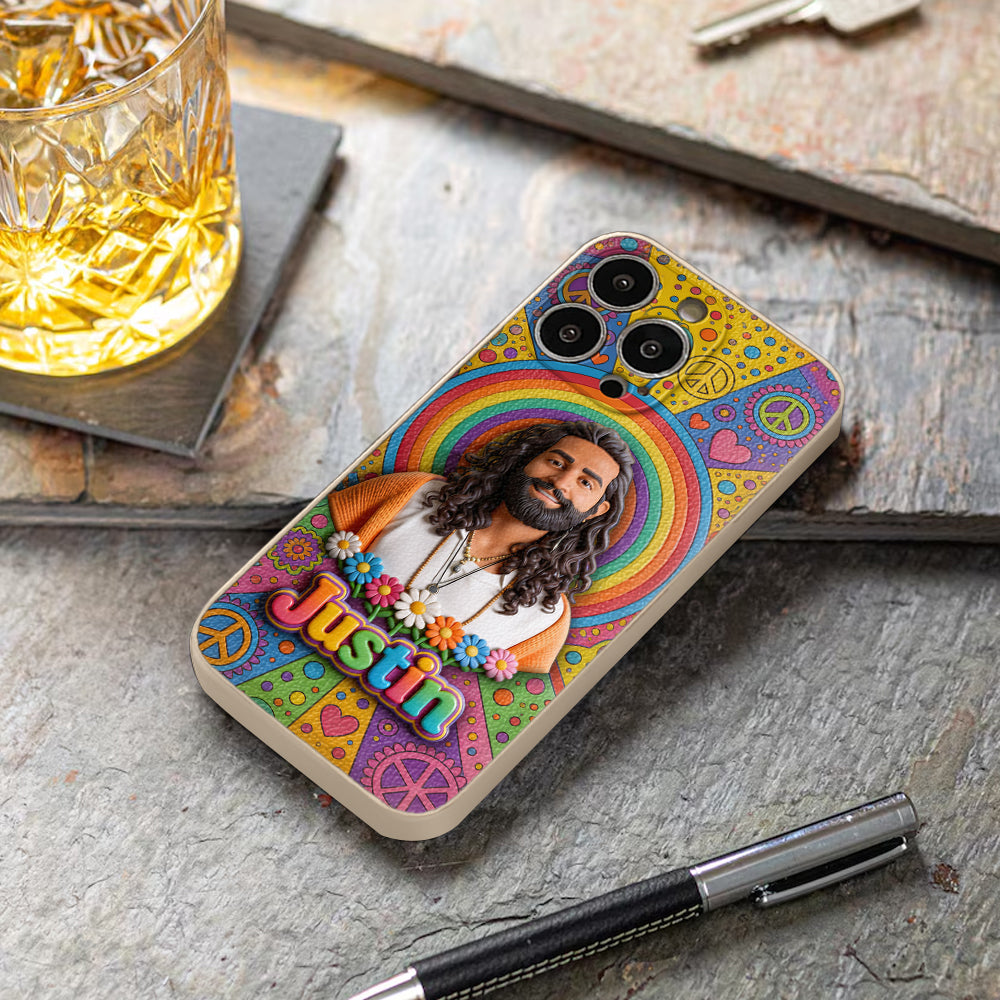 Hippie Theme, Custom From Any Image - Personalized Hippie 3D Embossed Leather Phone Case