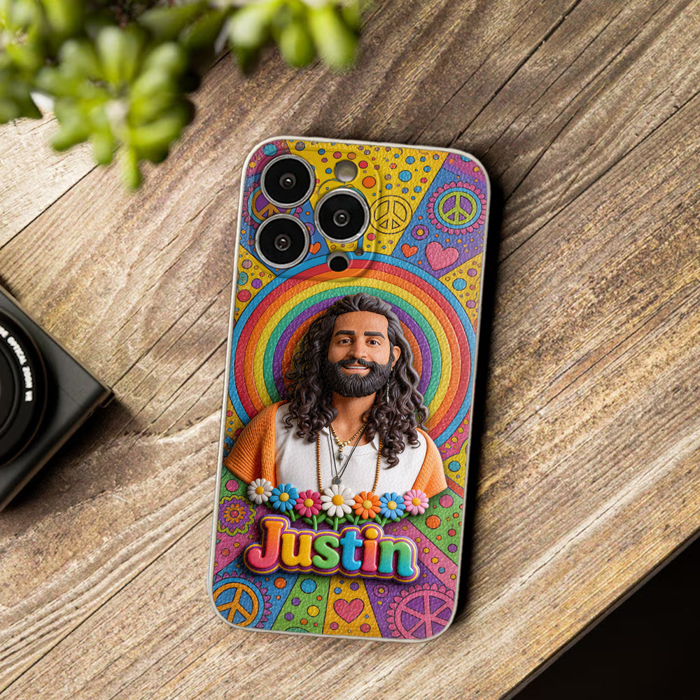 Hippie Theme, Custom From Any Image - Personalized Hippie 3D Embossed Leather Phone Case