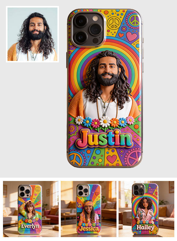 Hippie Theme, Custom From Any Image - Personalized Hippie 3D Embossed Leather Phone Case