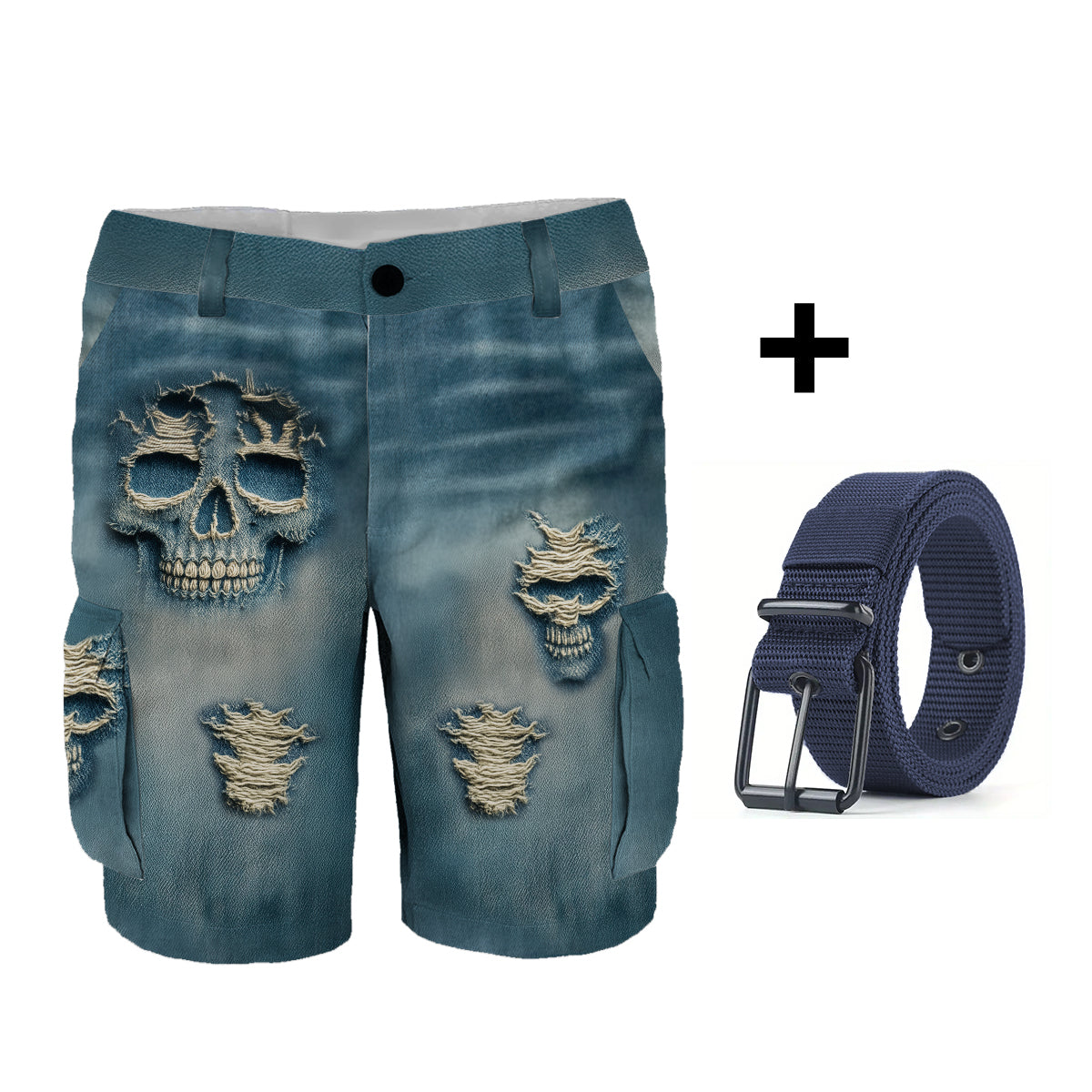 Personalisierte Cargoshorts mit Totenkopfmotiv und Gürtel