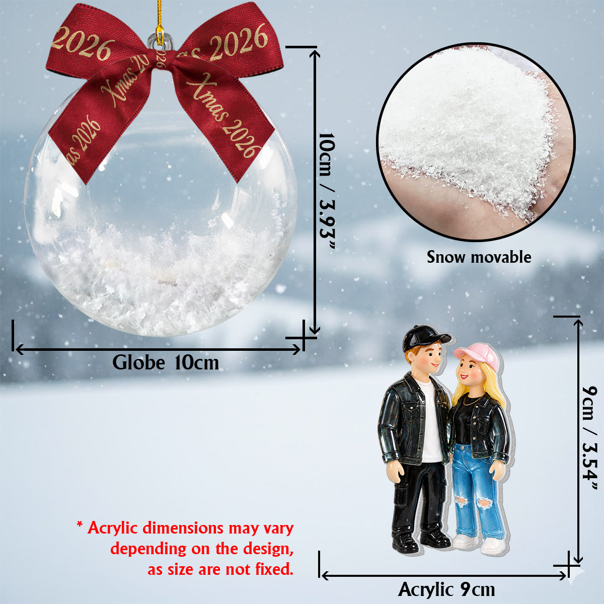 Any Photo, Custom Text in Bow - Personalized Couple Snow Globe Ornament With Bow
