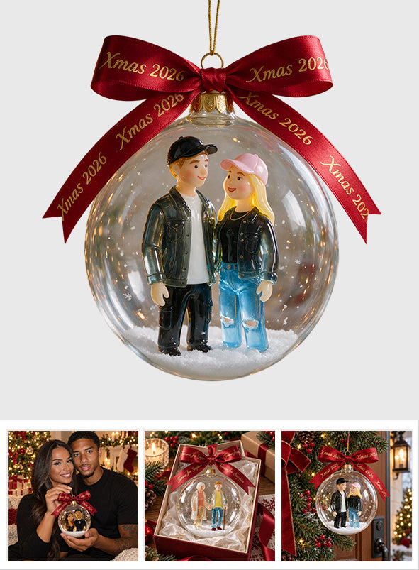 Any Photo, Custom Text in Bow - Personalized Couple Snow Globe Ornament With Bow