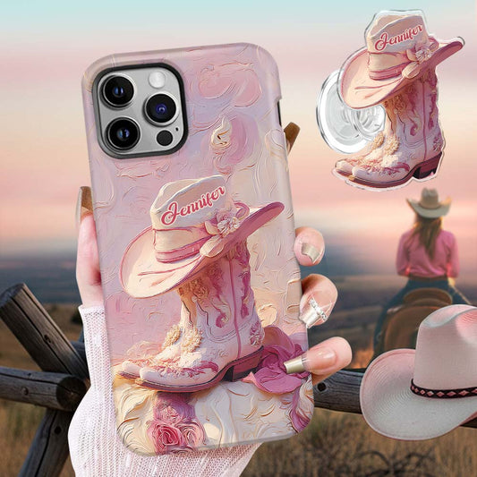 Coque de téléphone et support personnalisés « Cowgirl rose » avec imprimé intégral et support pour téléphone