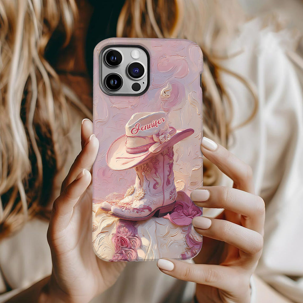 Coque de téléphone et support personnalisés « Cowgirl rose » avec imprimé intégral et support pour téléphone