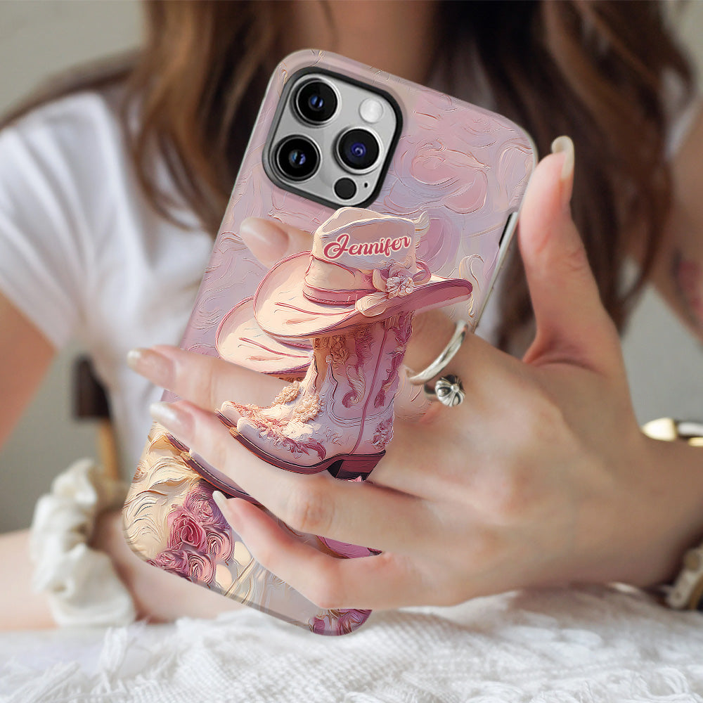 Coque de téléphone et support personnalisés « Cowgirl rose » avec imprimé intégral et support pour téléphone
