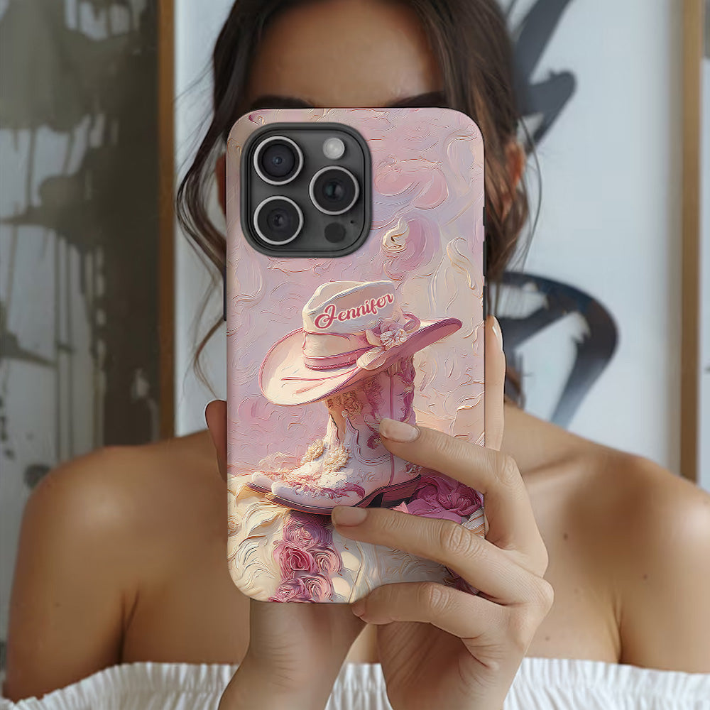 Coque de téléphone et support personnalisés « Cowgirl rose » avec imprimé intégral et support pour téléphone