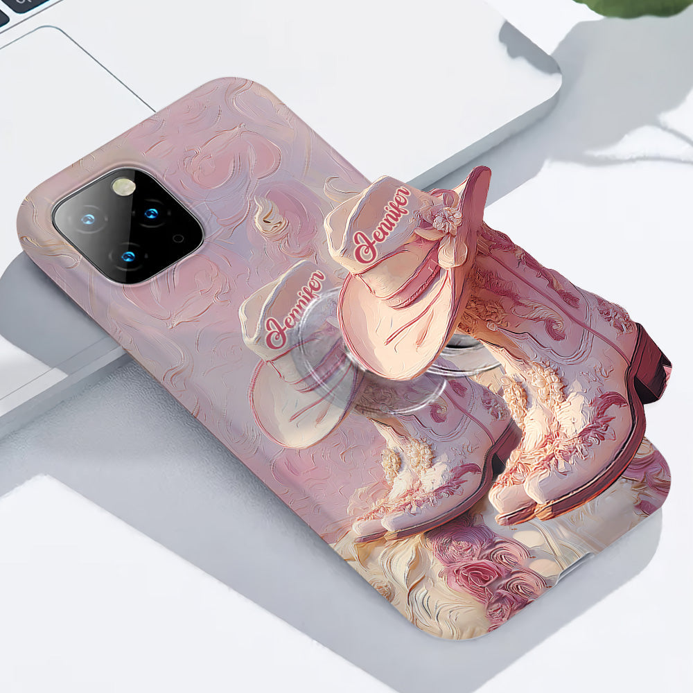Coque de téléphone et support personnalisés « Cowgirl rose » avec imprimé intégral et support pour téléphone