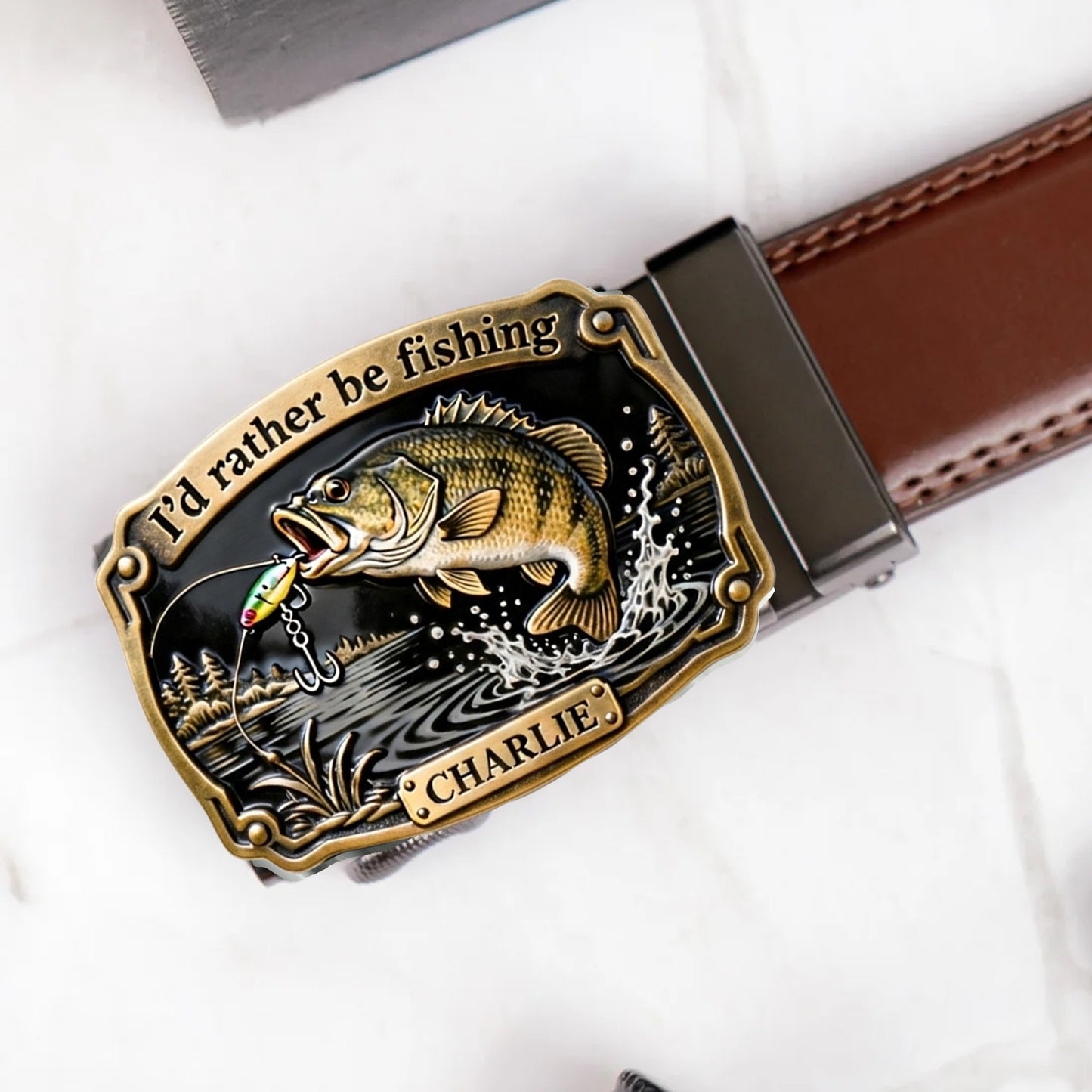 I'd Rather Be Fishing - Personalized Fishing Leather Belt With Shaped Buckle