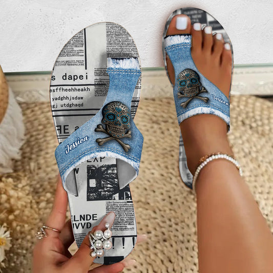 Denim Sugar Skull Footwear - Personalized Skull Open Toe Sandals