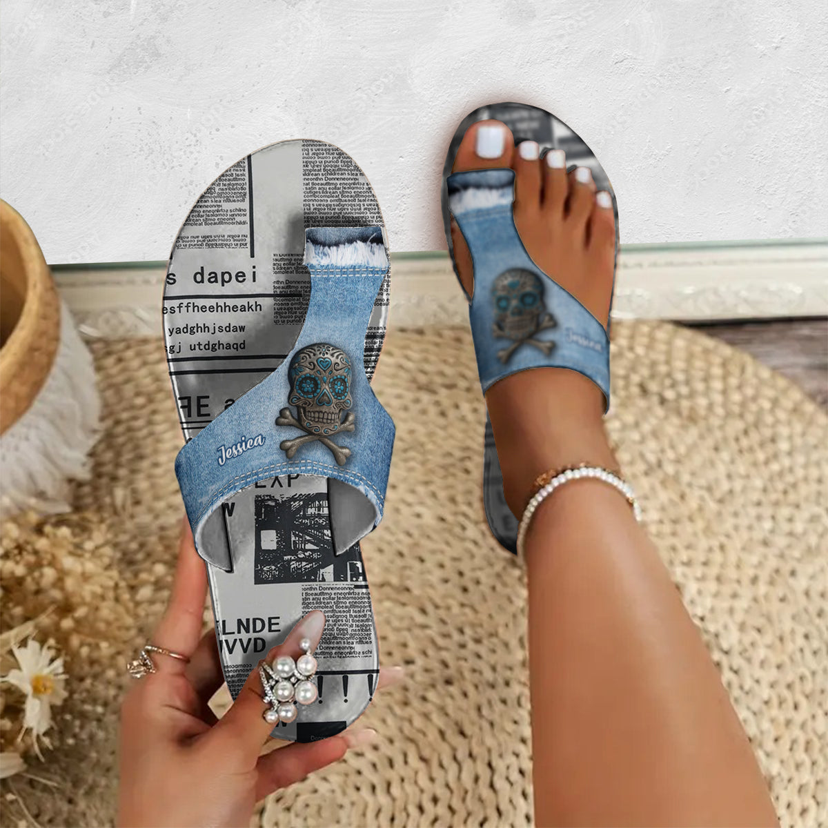 Denim Sugar Skull Footwear - Personalized Skull Open Toe Sandals