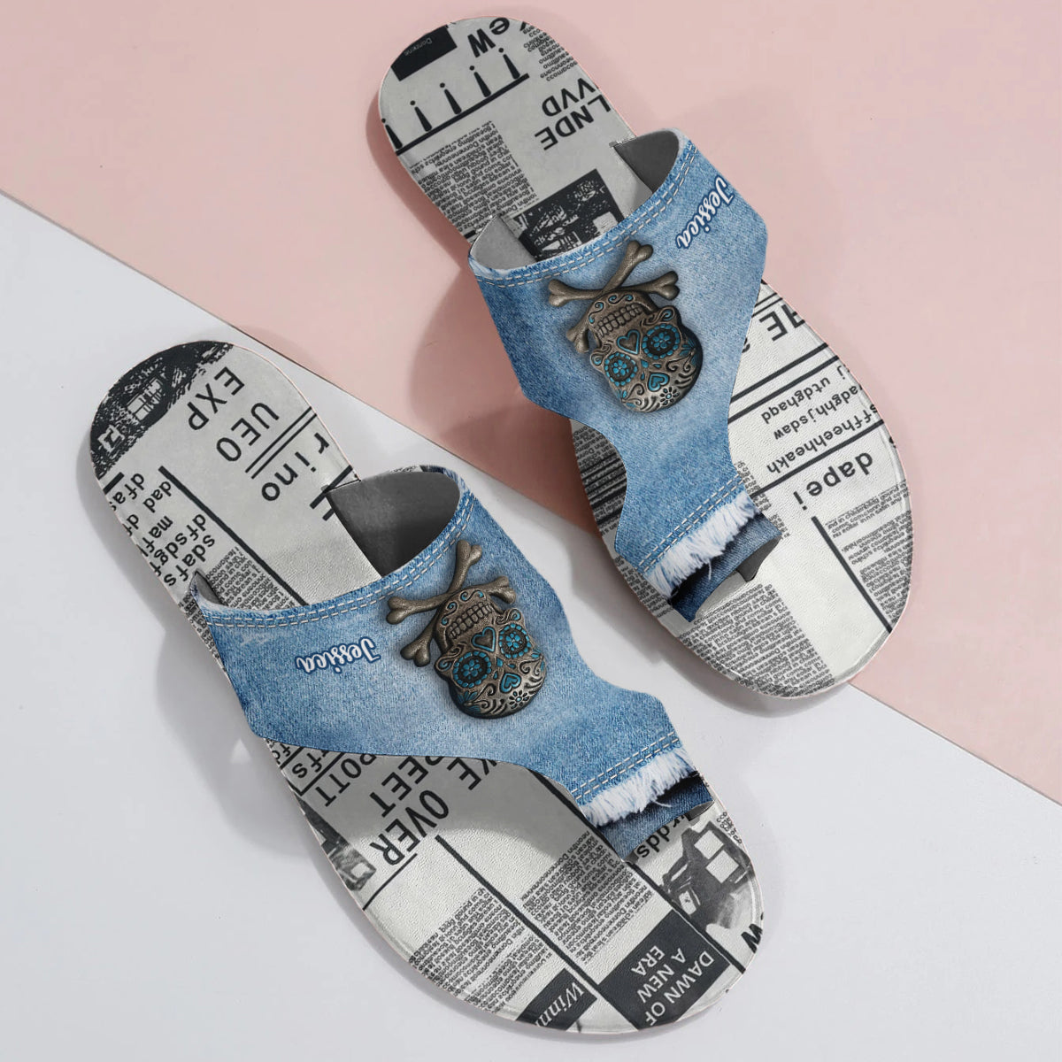 Denim Sugar Skull Footwear - Personalized Skull Open Toe Sandals