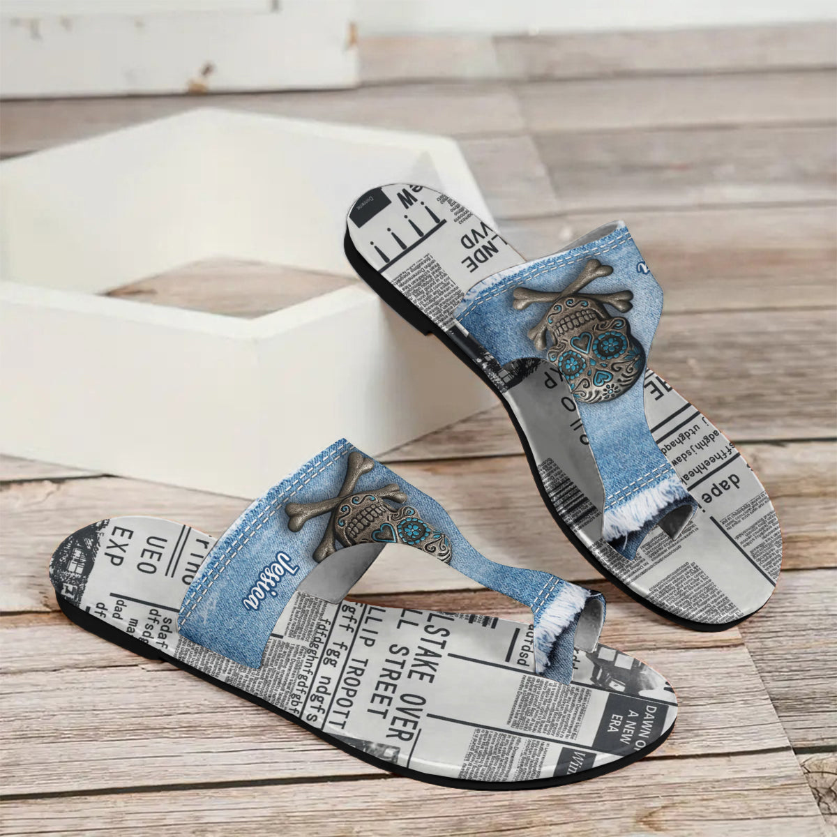 Denim Sugar Skull Footwear - Personalized Skull Open Toe Sandals