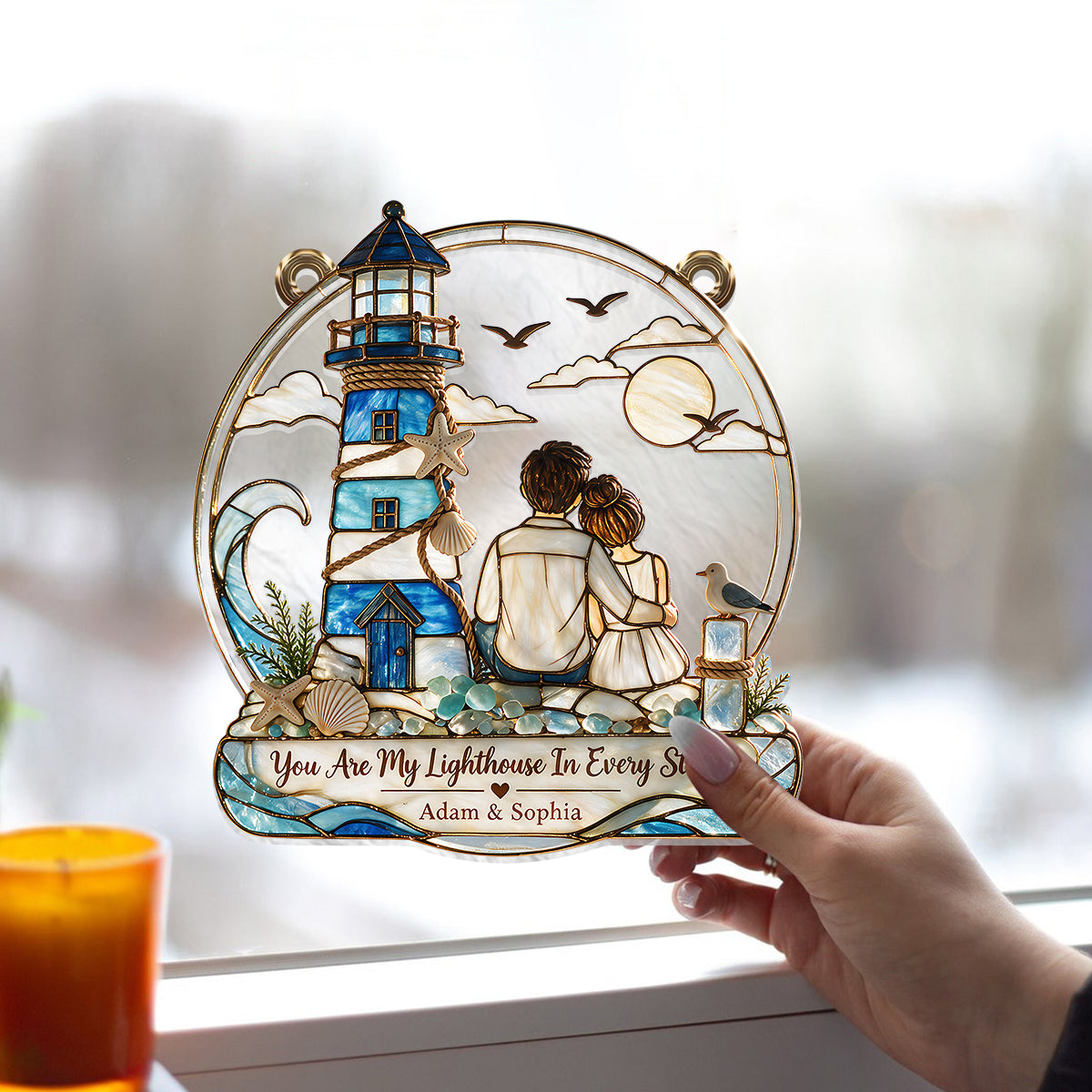 You Are My Lighthouse In Every Storm - Personalized Couple Window Hanging Suncatcher Ornament