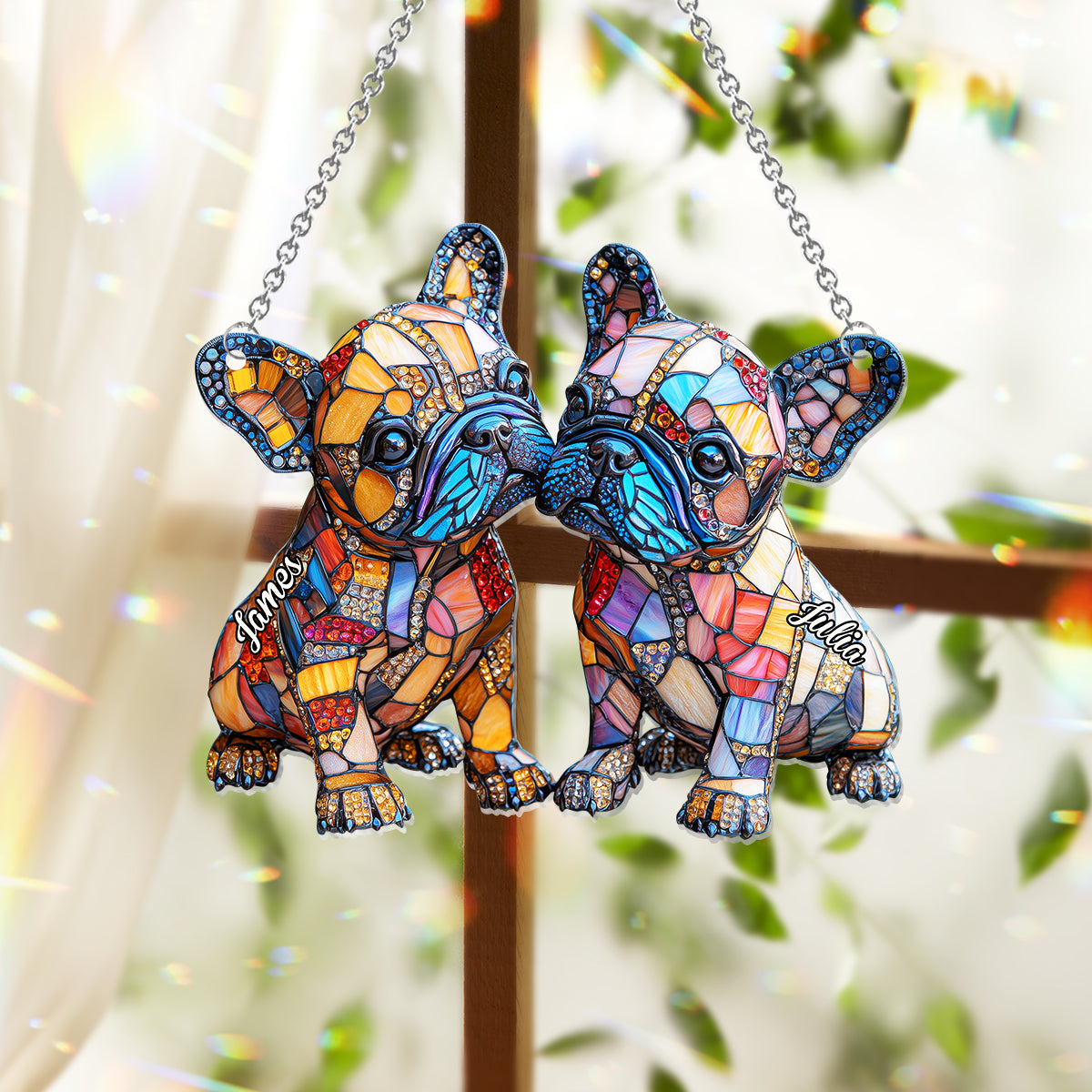 Couple de bouledogues français - Décoration attrape-soleil personnalisée à suspendre à la fenêtre, représentant un bouledogue français 