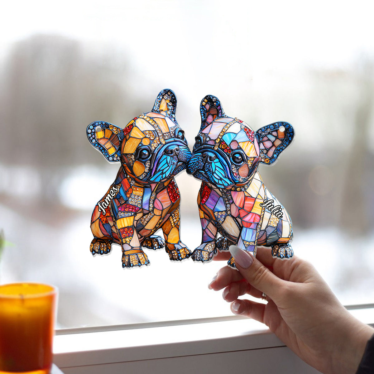 Couple de bouledogues français - Décoration attrape-soleil personnalisée à suspendre à la fenêtre, représentant un bouledogue français 