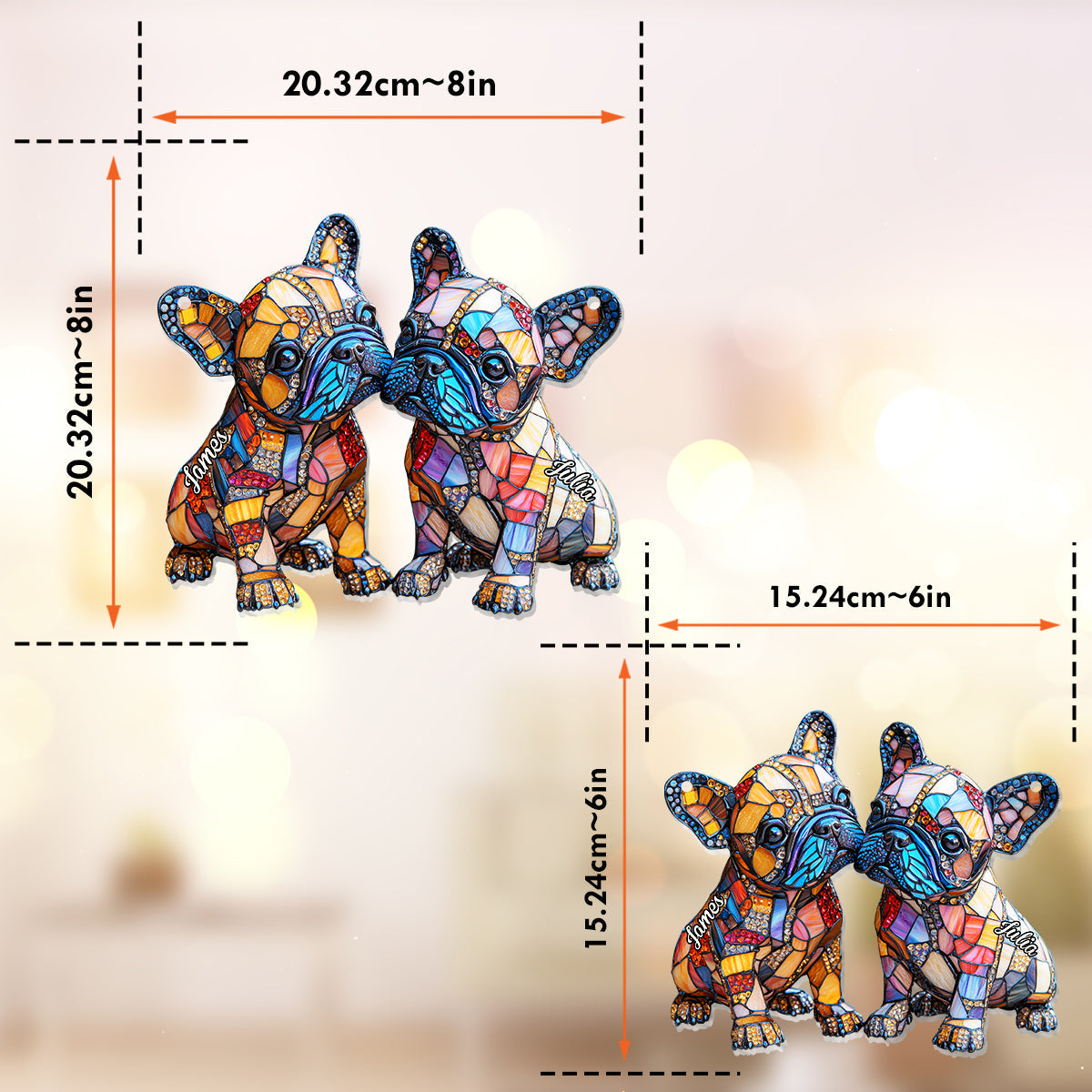 Couple de bouledogues français - Décoration attrape-soleil personnalisée à suspendre à la fenêtre, représentant un bouledogue français 