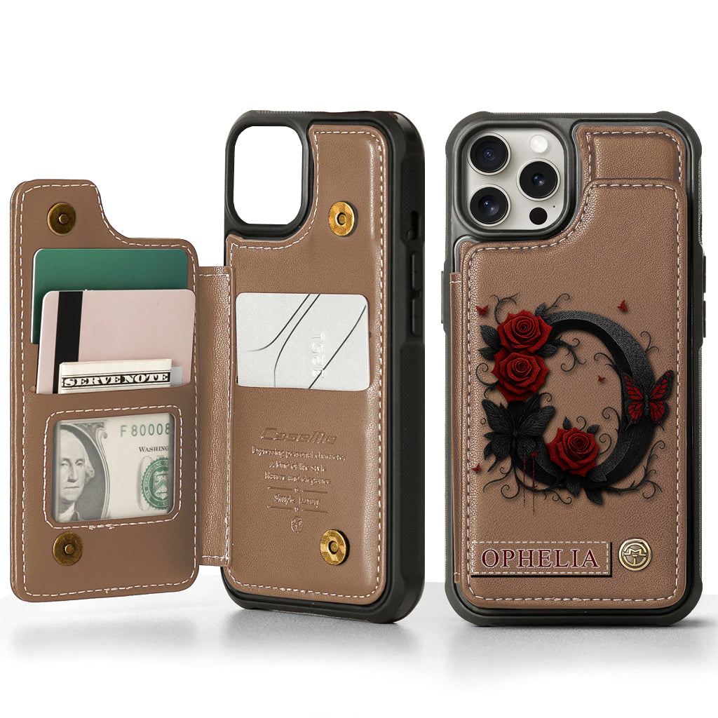 Alphabet Red Rose And Butterflies - Personalized Luxury Wallet Phone Case
