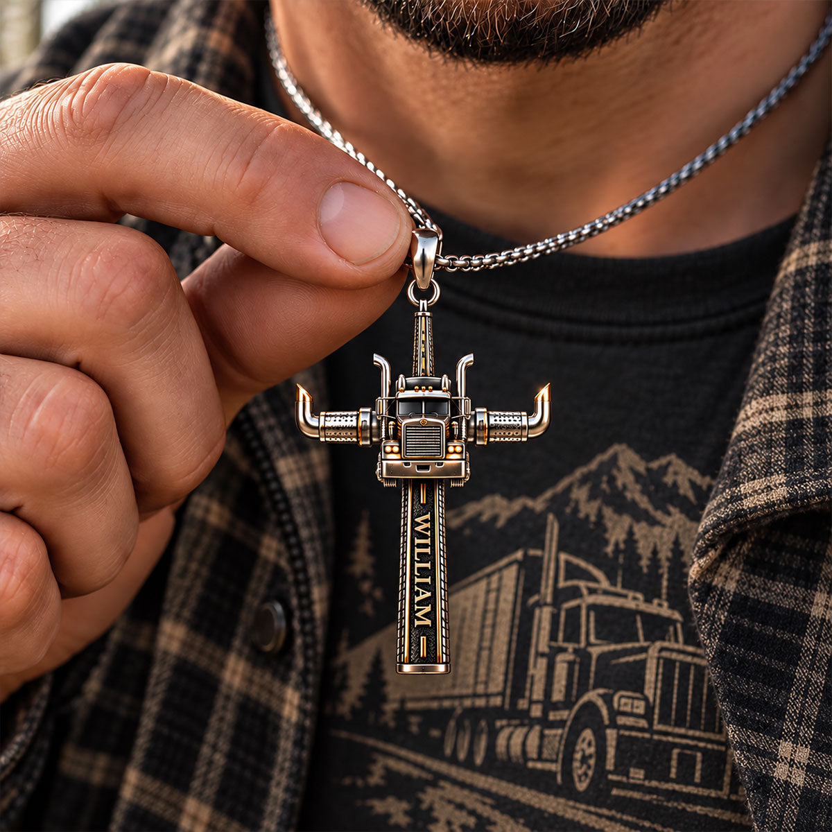 Semi Truck Cross - Personalized Trucker Shaped Metal Pendant Necklace