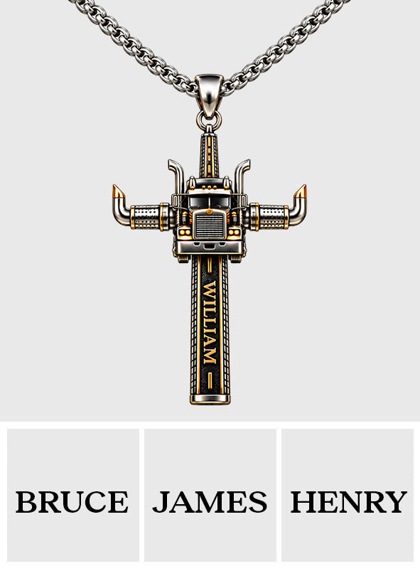 Semi Truck Cross - Personalized Trucker Shaped Metal Pendant Necklace