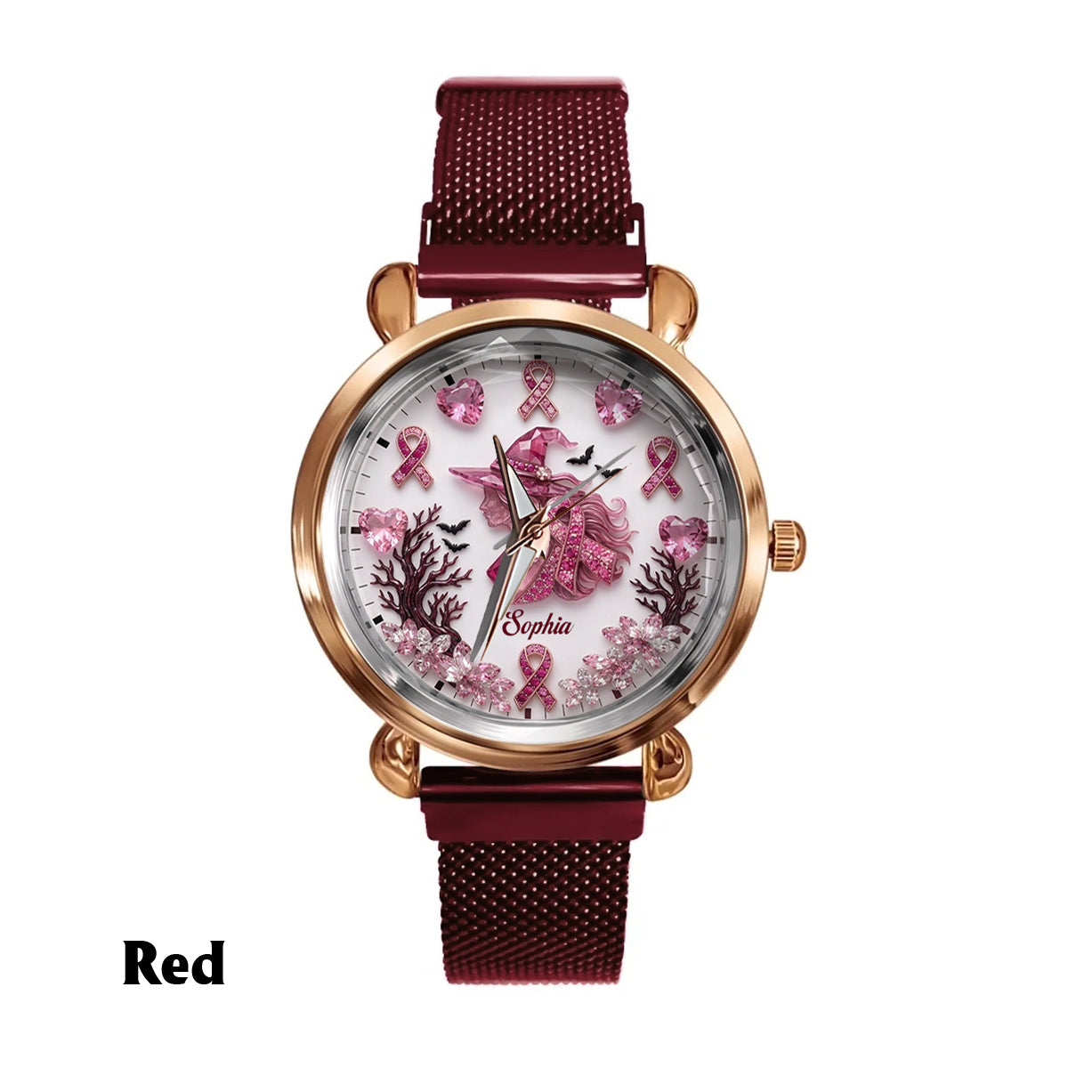 Personalisierte Brustkrebsbewusstsein Damenarmbanduhr - Pink Witch