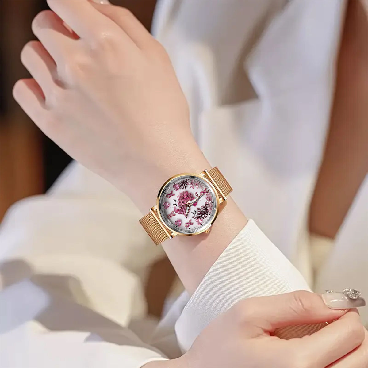 Personalisierte Brustkrebsbewusstsein Damenarmbanduhr - Pink Witch
