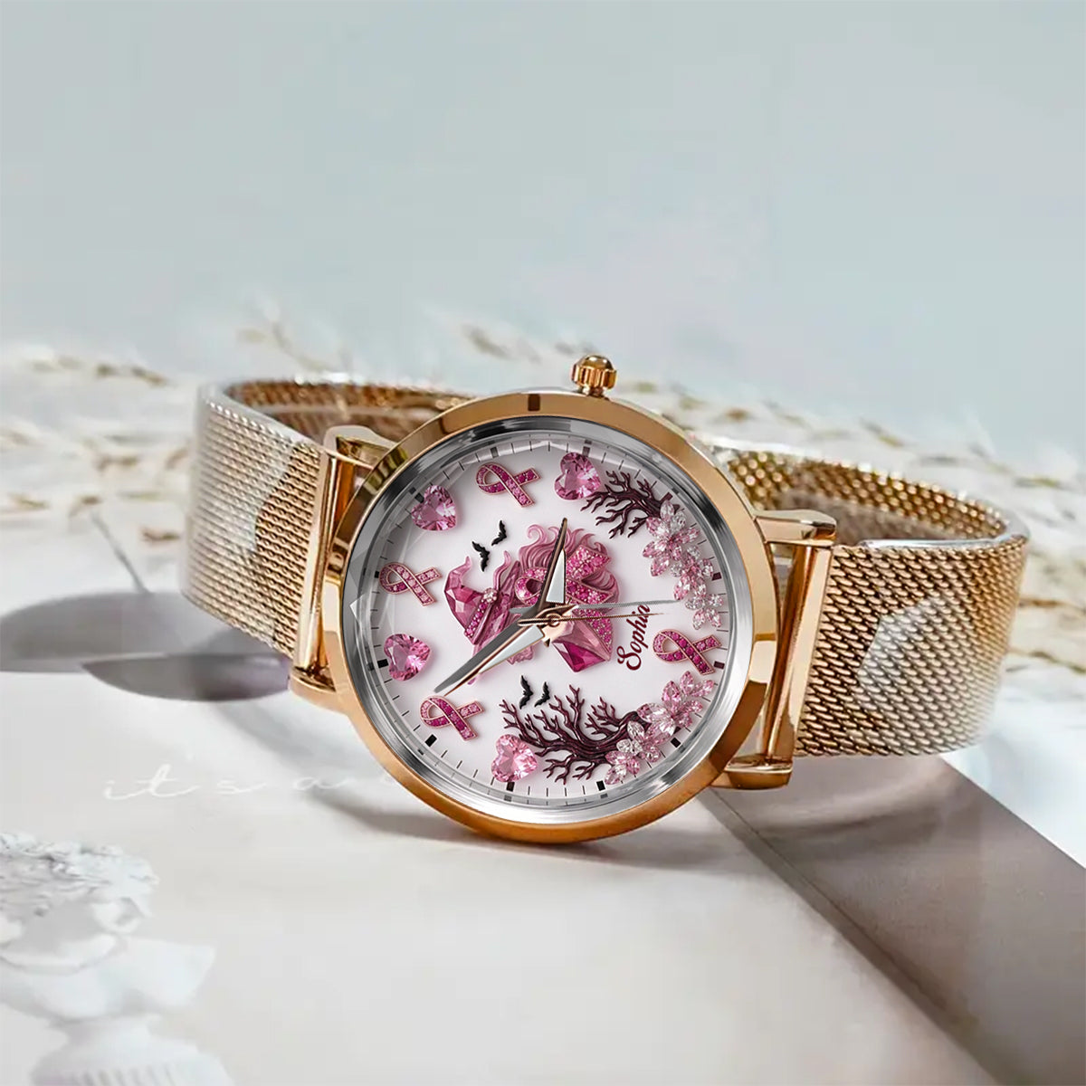 Personalisierte Brustkrebsbewusstsein Damenarmbanduhr - Pink Witch