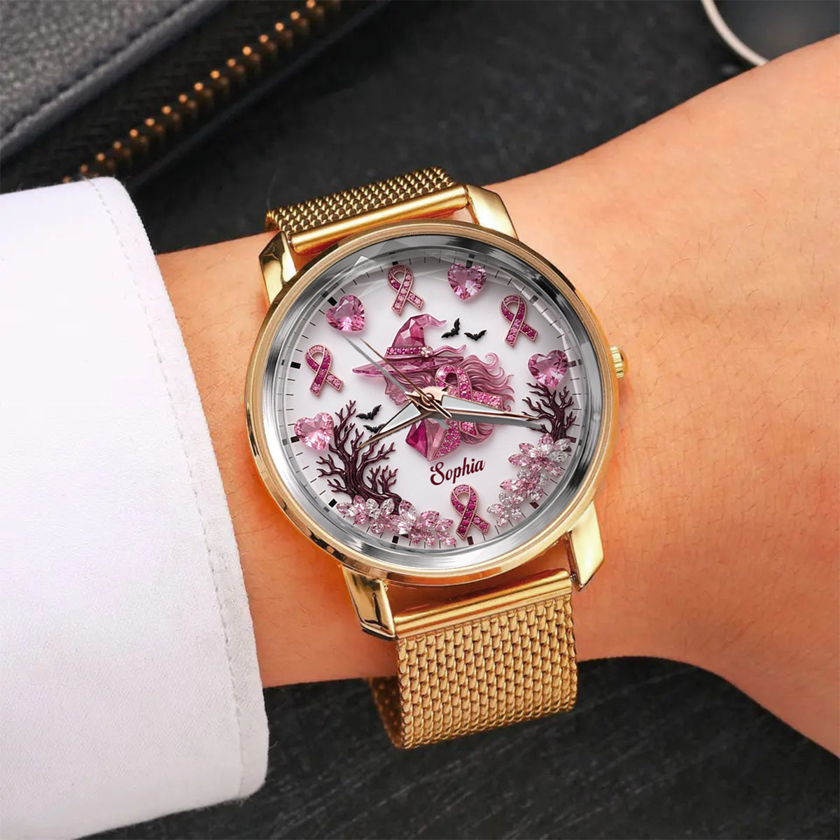 Personalisierte Brustkrebsbewusstsein Damenarmbanduhr - Pink Witch