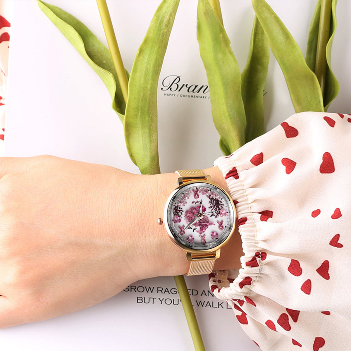 Personalisierte Brustkrebsbewusstsein Damenarmbanduhr - Pink Witch