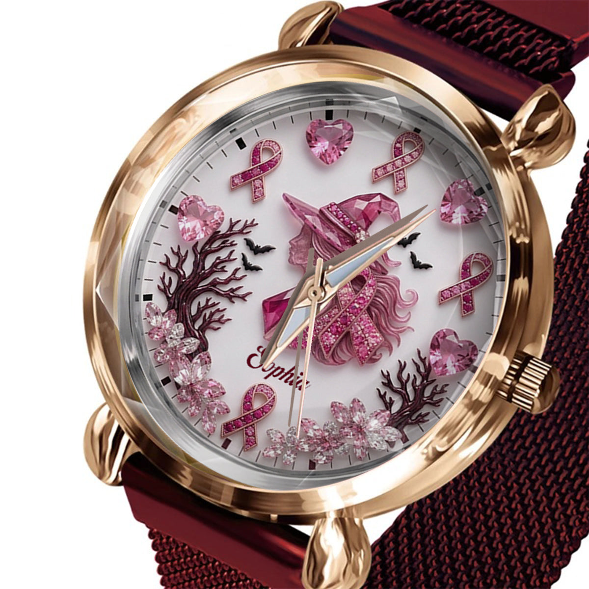 Personalisierte Brustkrebsbewusstsein Damenarmbanduhr - Pink Witch