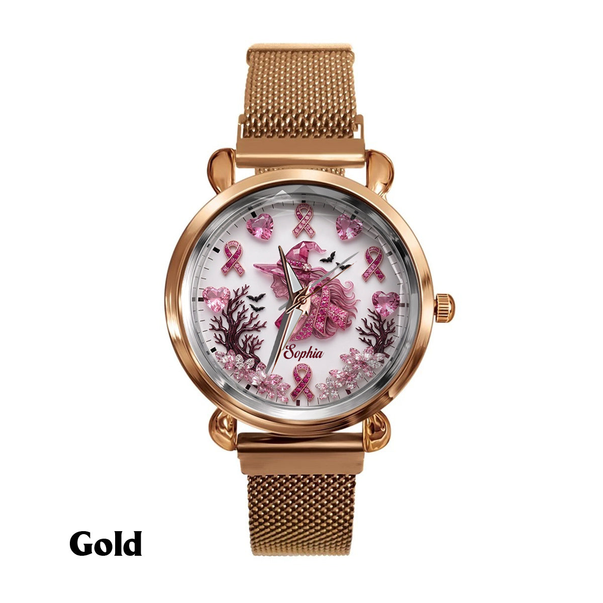 Personalisierte Brustkrebsbewusstsein Damenarmbanduhr - Pink Witch