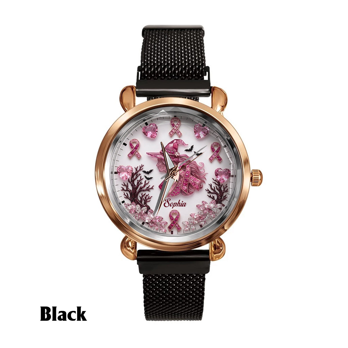 Personalisierte Brustkrebsbewusstsein Damenarmbanduhr - Pink Witch