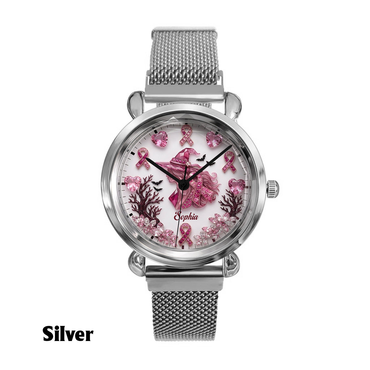 Personalisierte Brustkrebsbewusstsein Damenarmbanduhr - Pink Witch