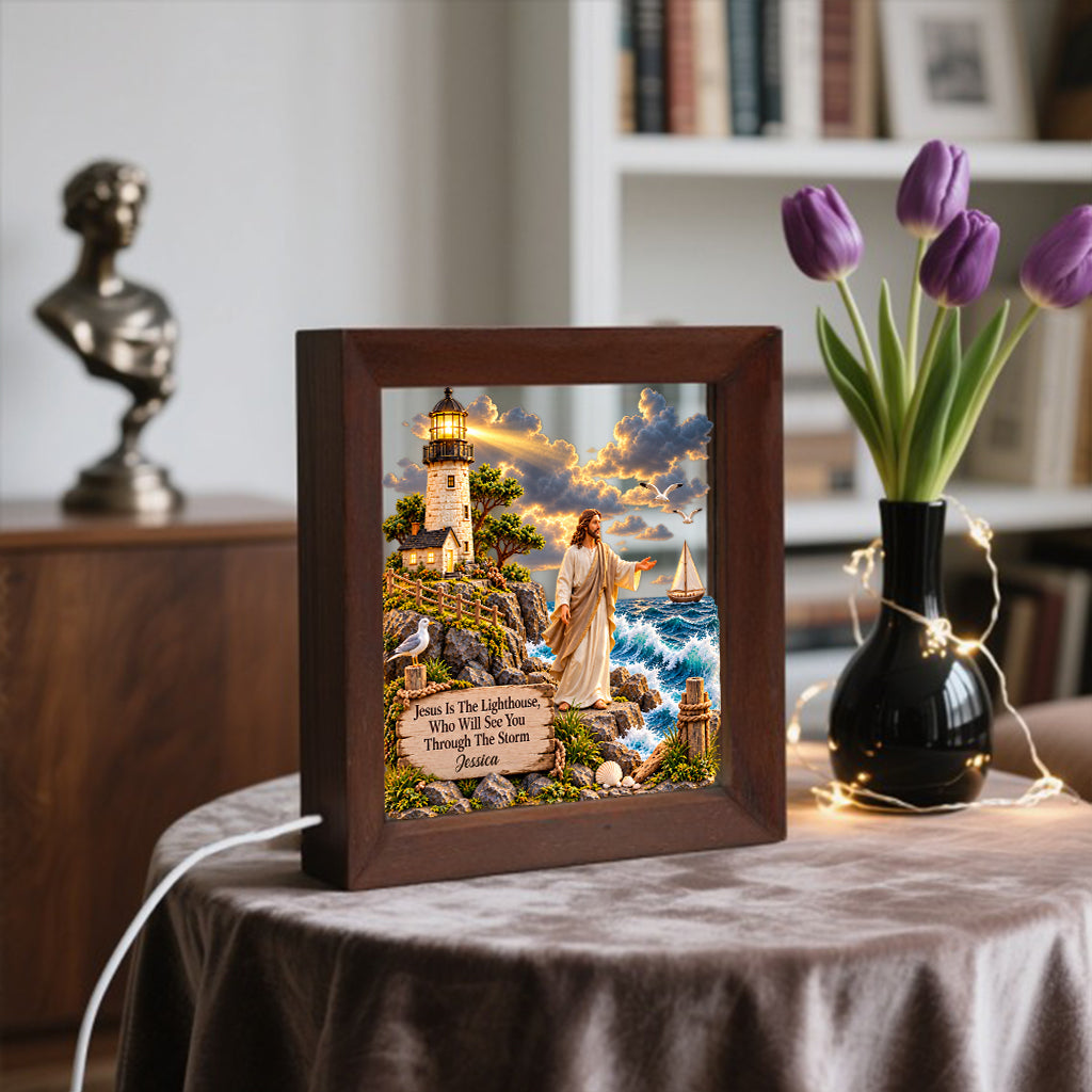 Jesus Is The Lighthouse, Who Will See You Through The Storm - Personalized Christian Wooden Frame LED Light