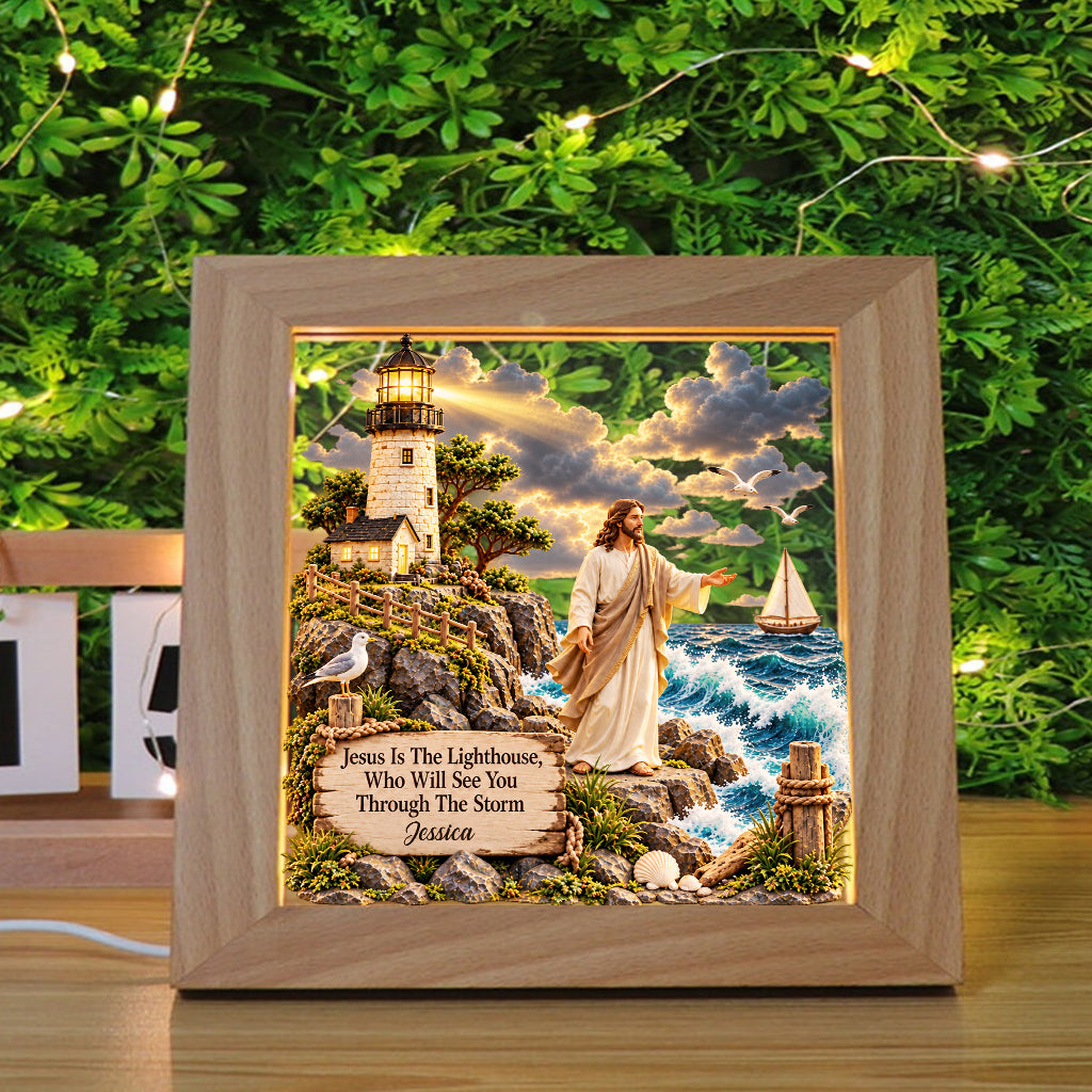 Jesus Is The Lighthouse, Who Will See You Through The Storm - Personalized Christian Wooden Frame LED Light